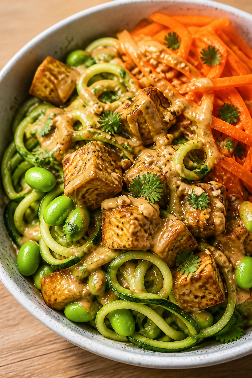 Zucchini noodle bowl with tofu and carrots in peanut-lime sauce