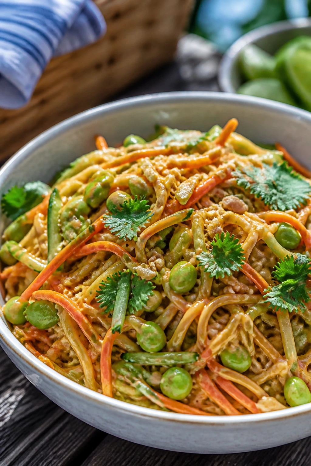 Close-up bowl of cold peanut noodle salad with vegetables