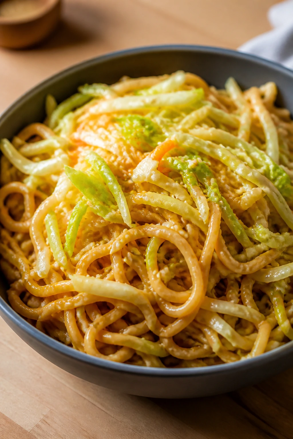Close-up peanut noodles with cabbage in a glossy sauce