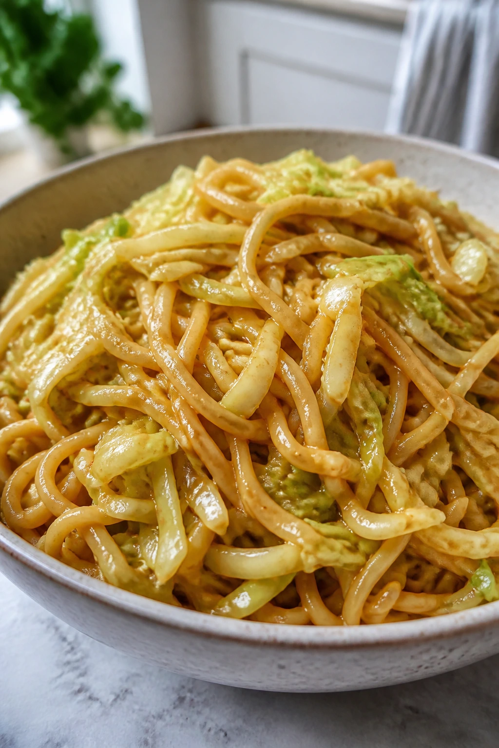 Close-up of peanut noodles with cabbage on a plate