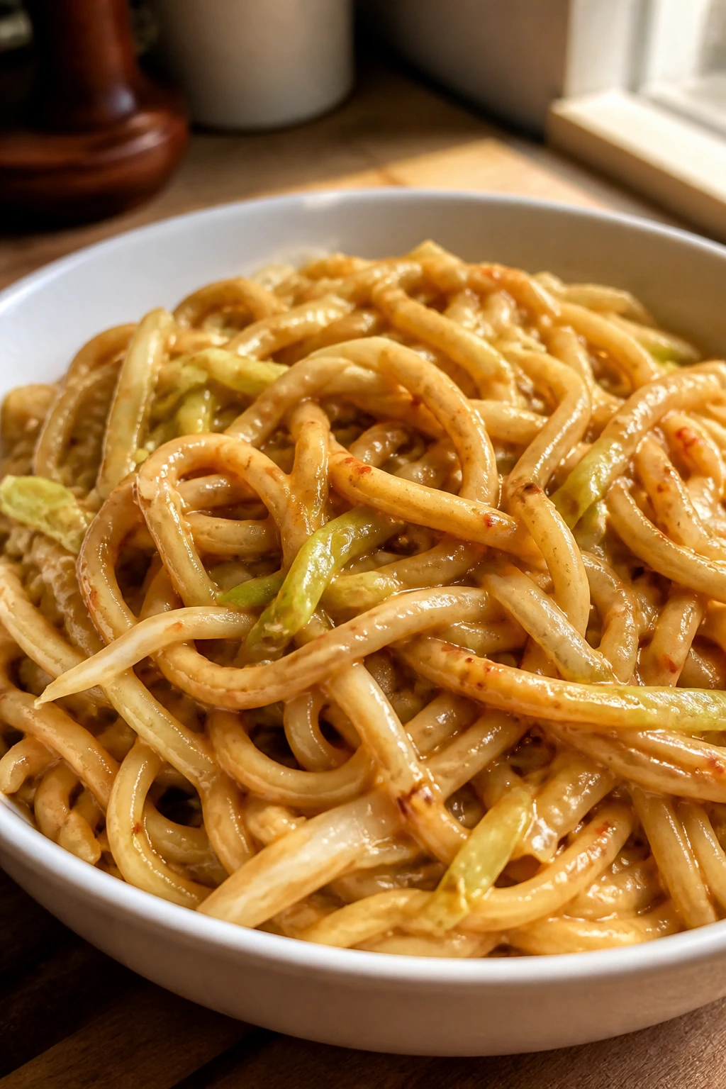 Close-up of glossy peanut noodles with cabbage in a bowl