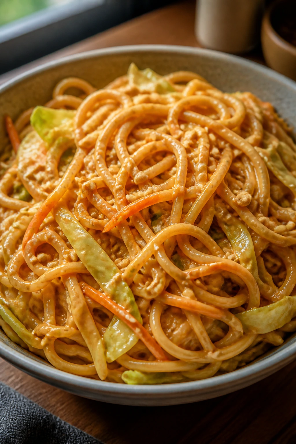 Close-up of peanut noodles with cabbage in glossy sauce on a wooden table
