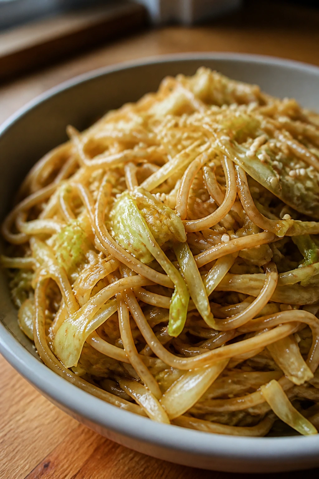Close-up of peanut noodles with cabbage in a bowl on a wooden counter