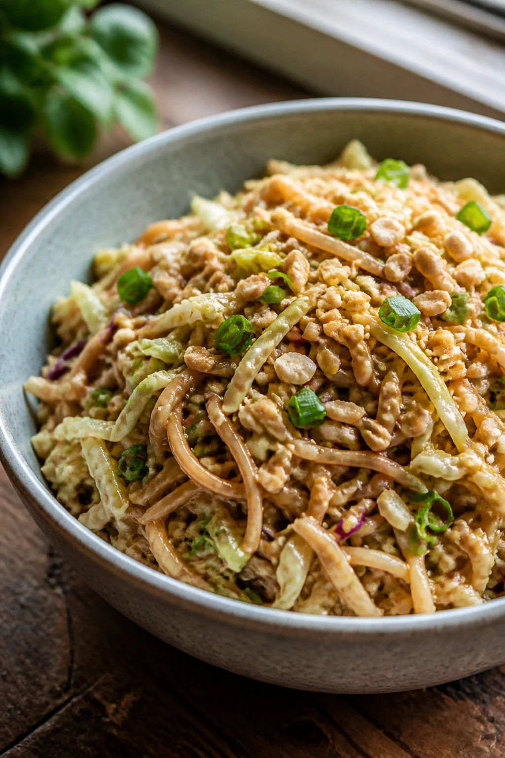 Close-up of peanut noodles with cabbage in a ceramic bowl
