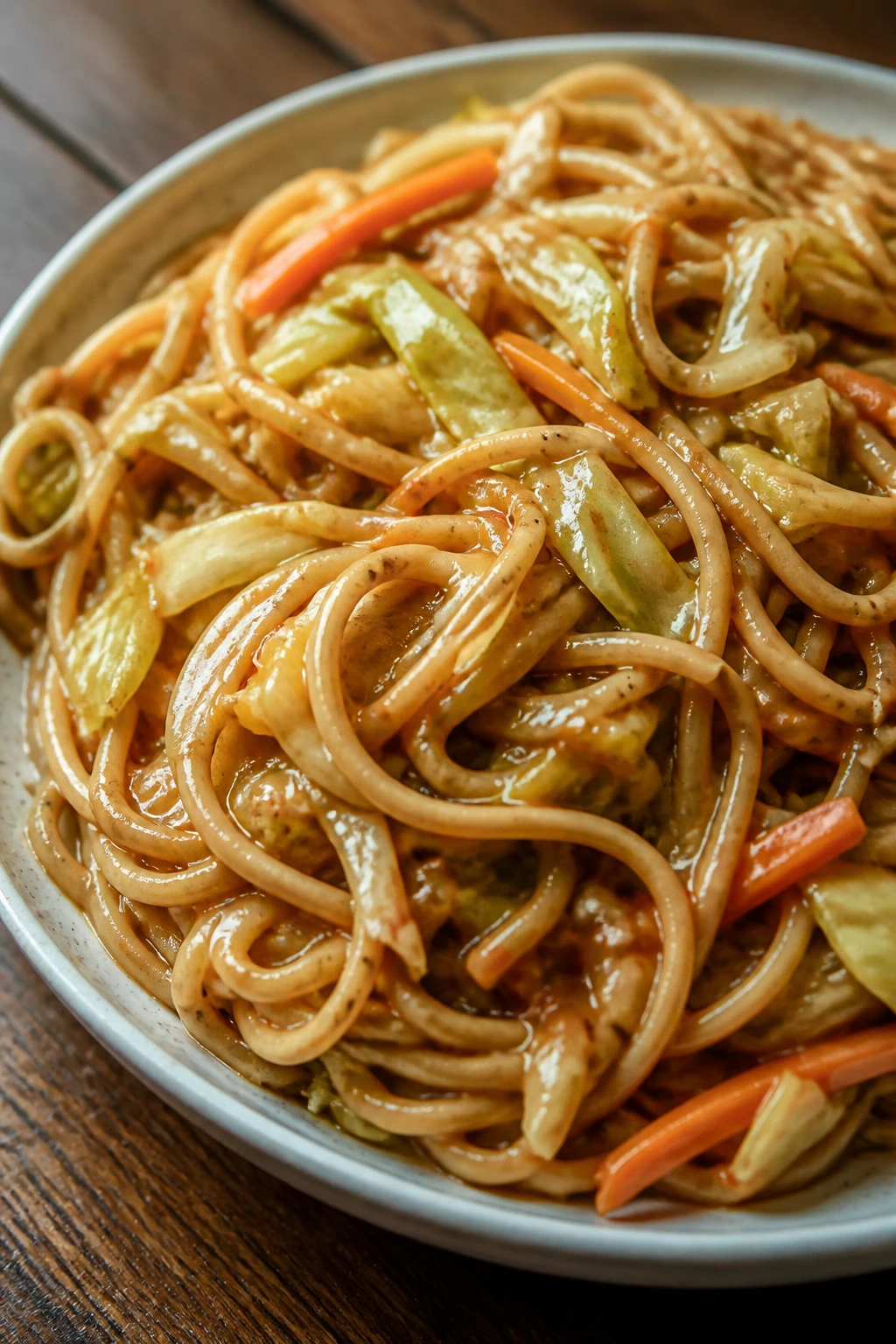 Close-up of peanut noodles with cabbage in a bowl on a wooden table
