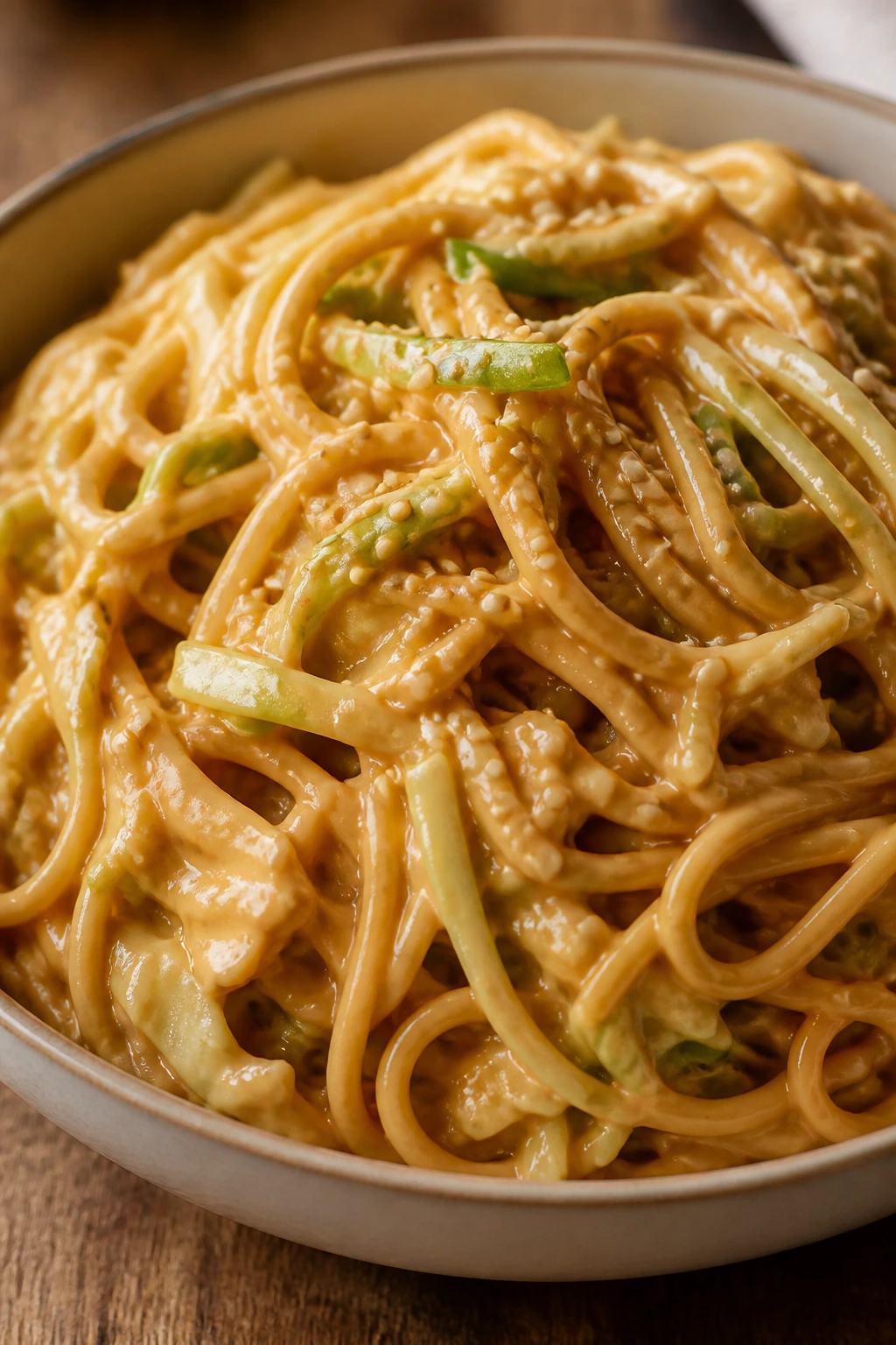Peanut noodles with cabbage in glossy sauce