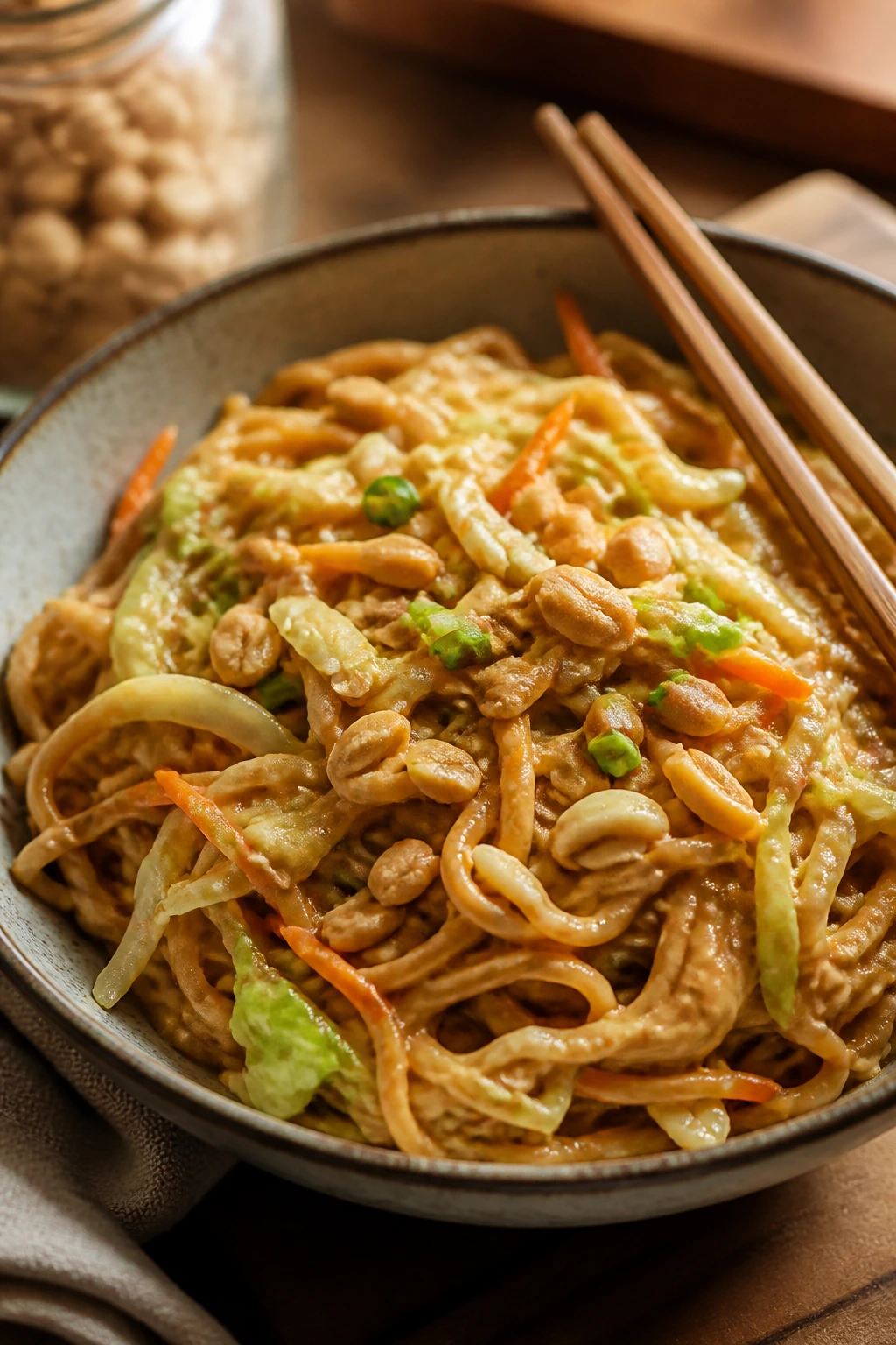 Peanut noodles with cabbage in a glossy sauce in a bowl