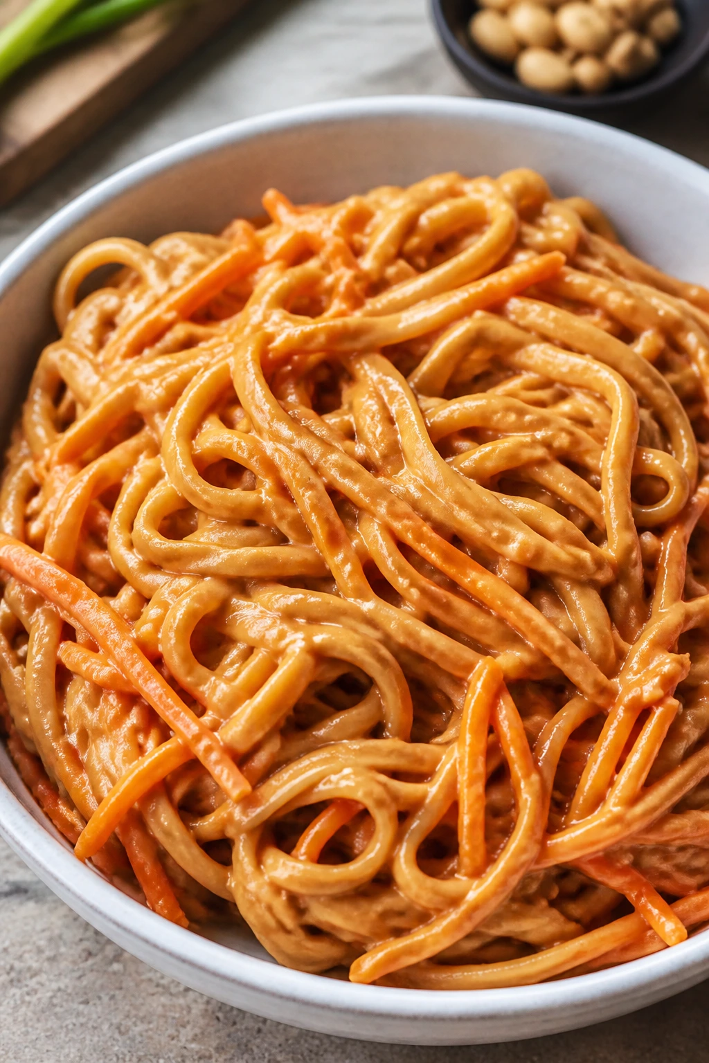 Close-up of peanut noodles with carrots in a glossy sauce
