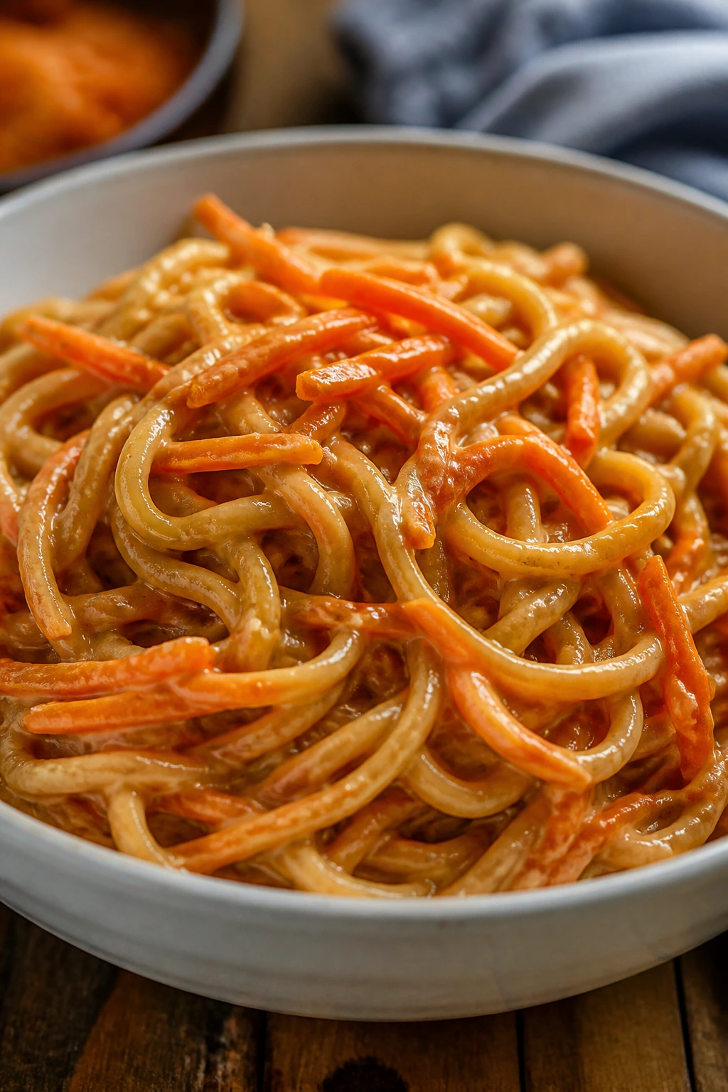 Peanut noodles with carrots in a glossy bowl