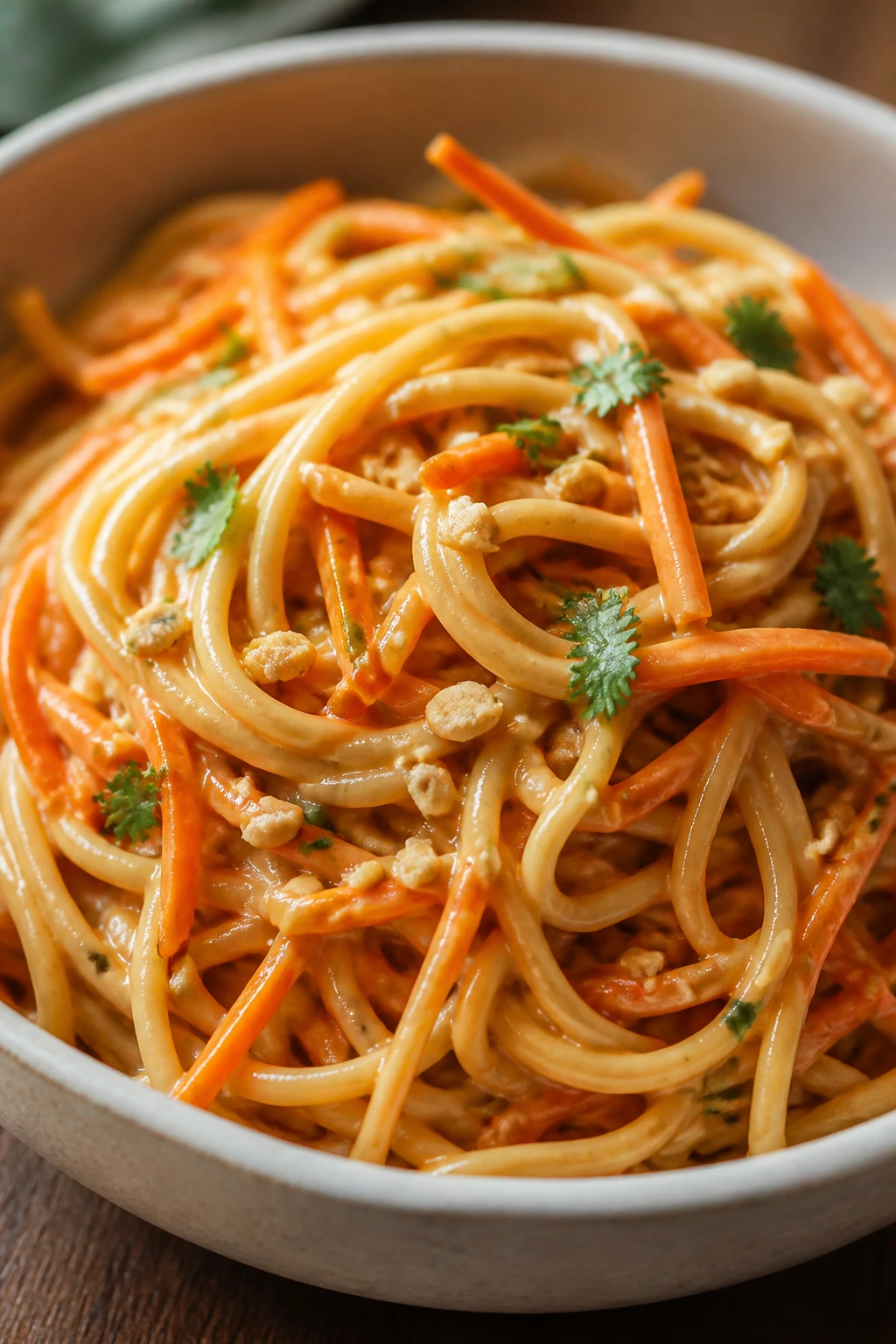 Close-up of Peanut Noodles with Carrots in a bowl
