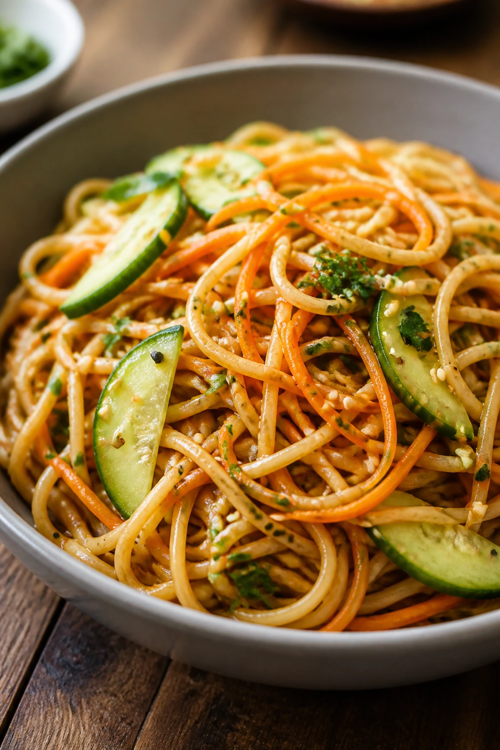 Close-up of peanut noodles with carrots and cucumber in a bowl
