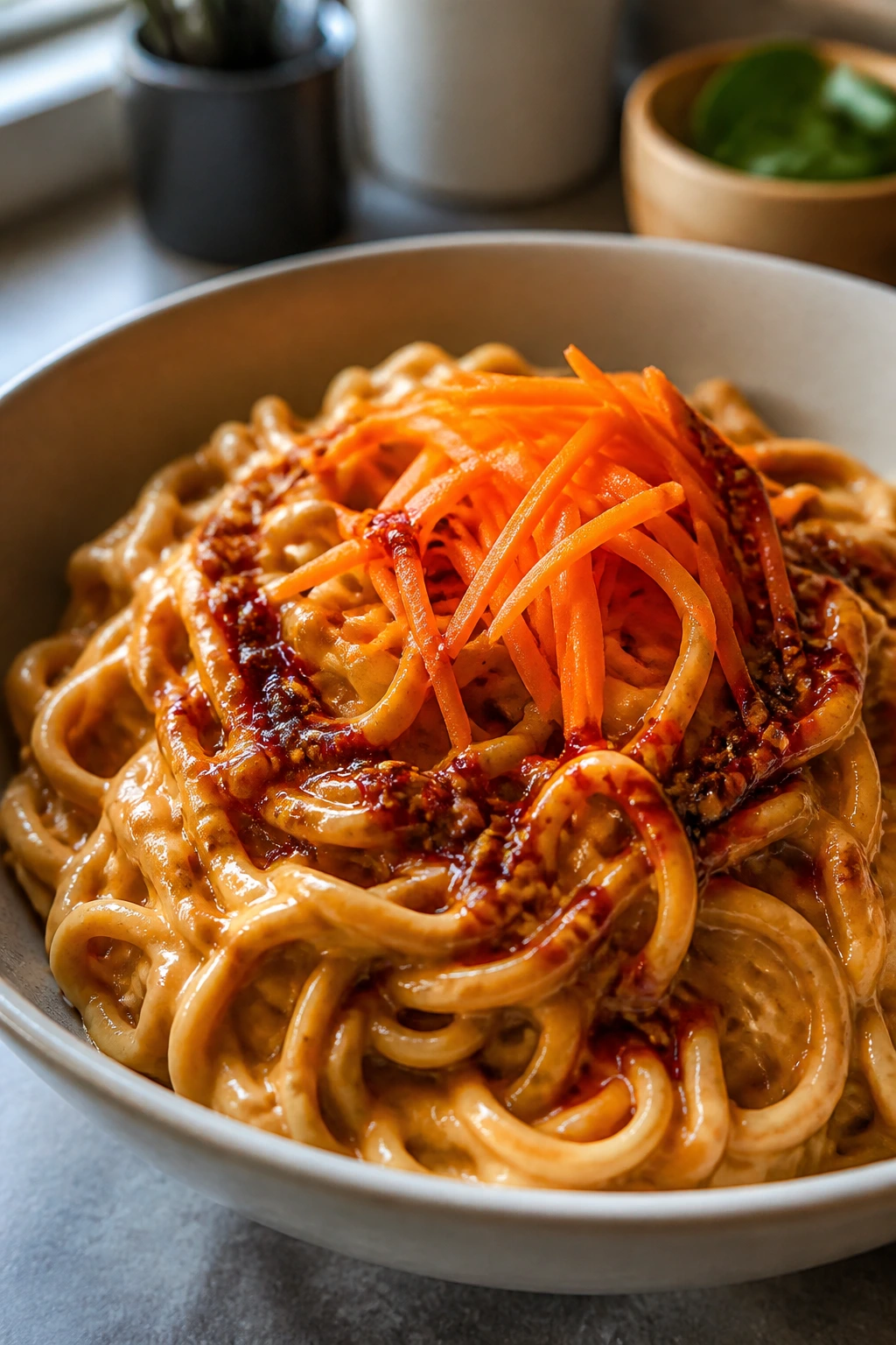 Peanut noodles with chili crisp in a bowl