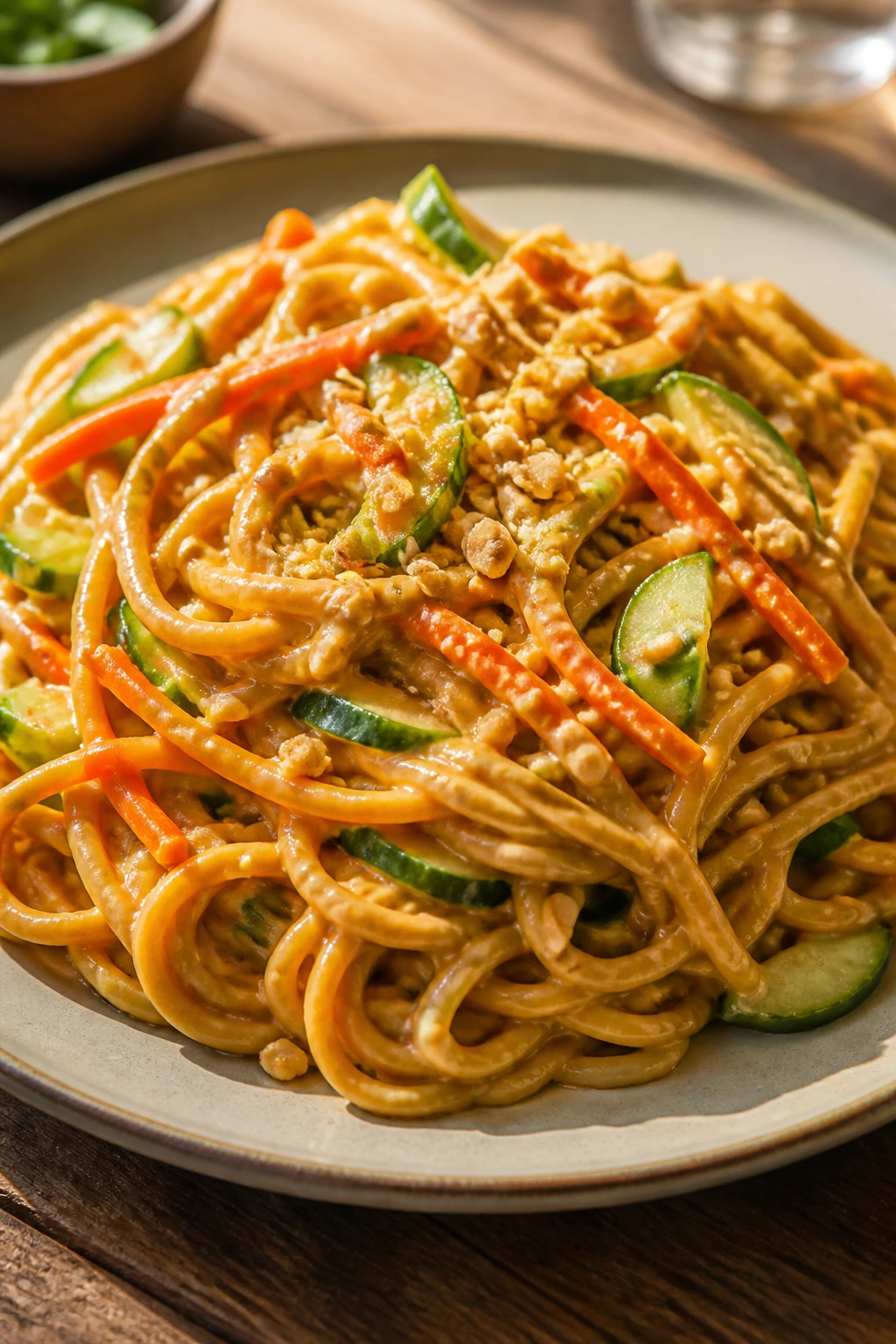 Medium-close shot of peanut noodles with carrots and cucumber on a plate