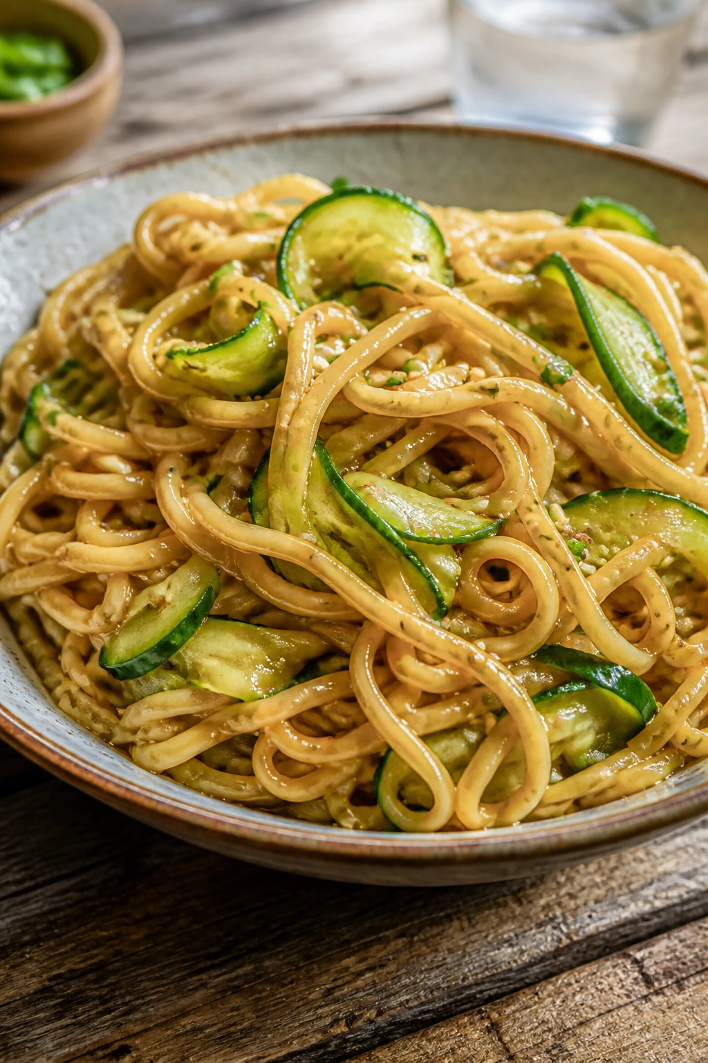 Peanut noodles with cucumber in a rustic kitchen setting