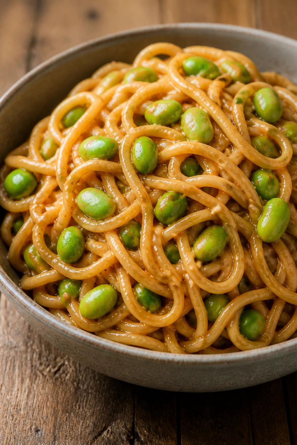 Noodles with peanut sauce and edamame in a bowl
