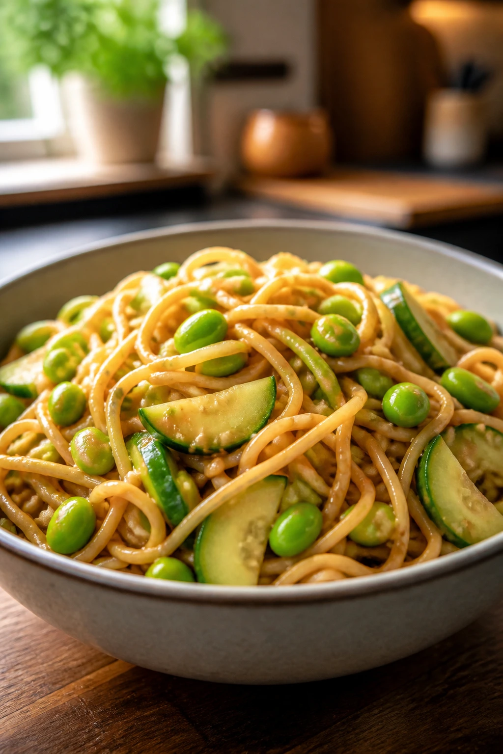 Bowl of peanut noodles with edamame and cucumber on a warm kitchen table