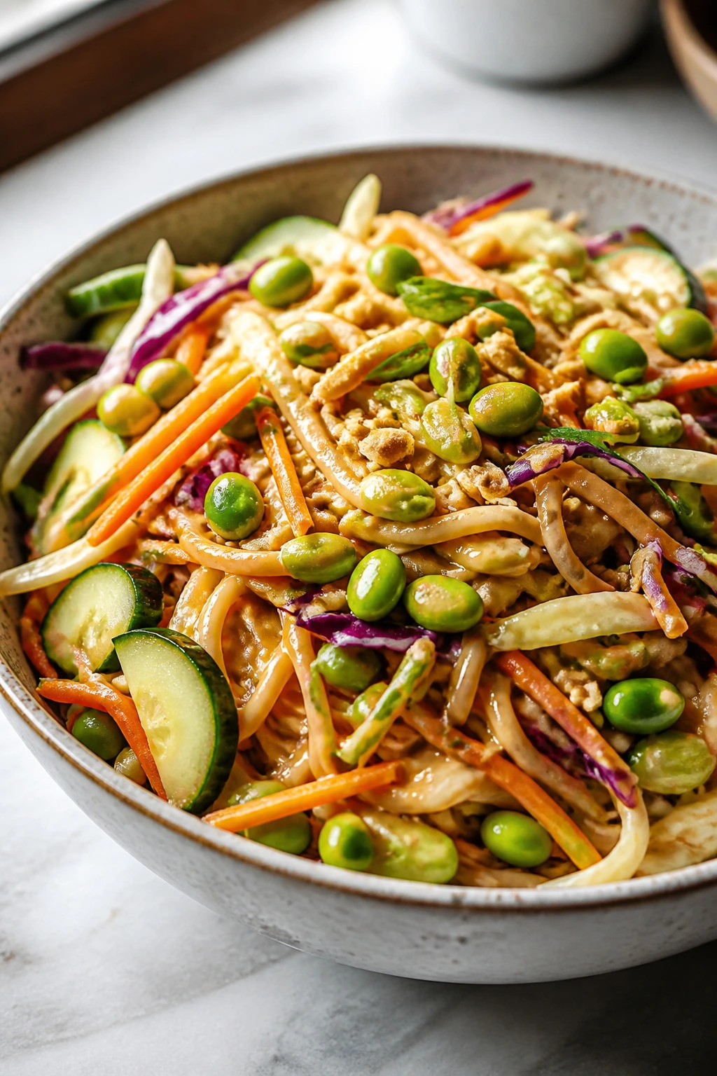 Noodle salad with edamame in a peanut sauce bowl