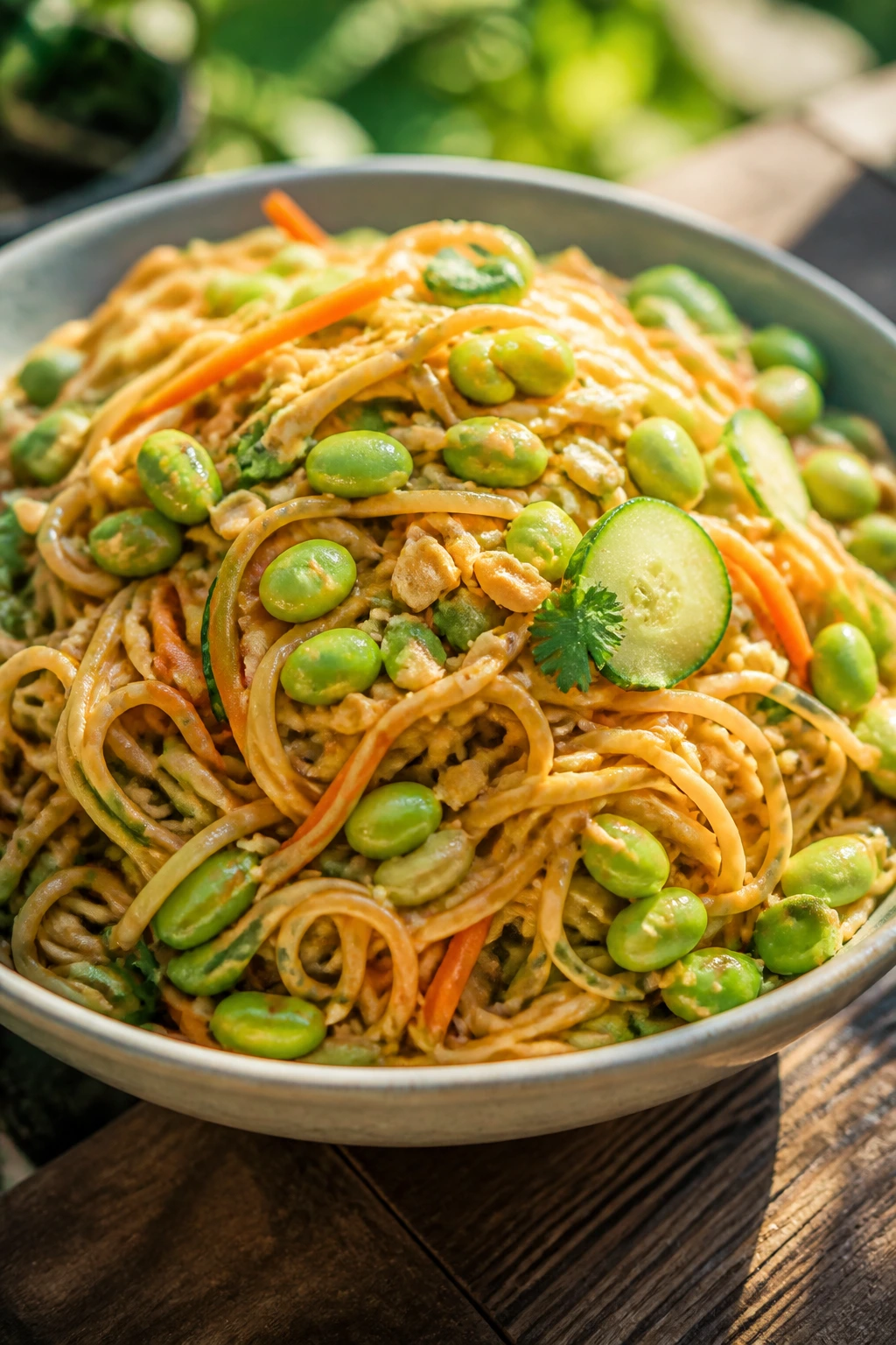 Close-up of cold peanut noodle salad with edamame in a glossy bowl on a sunlit wooden table