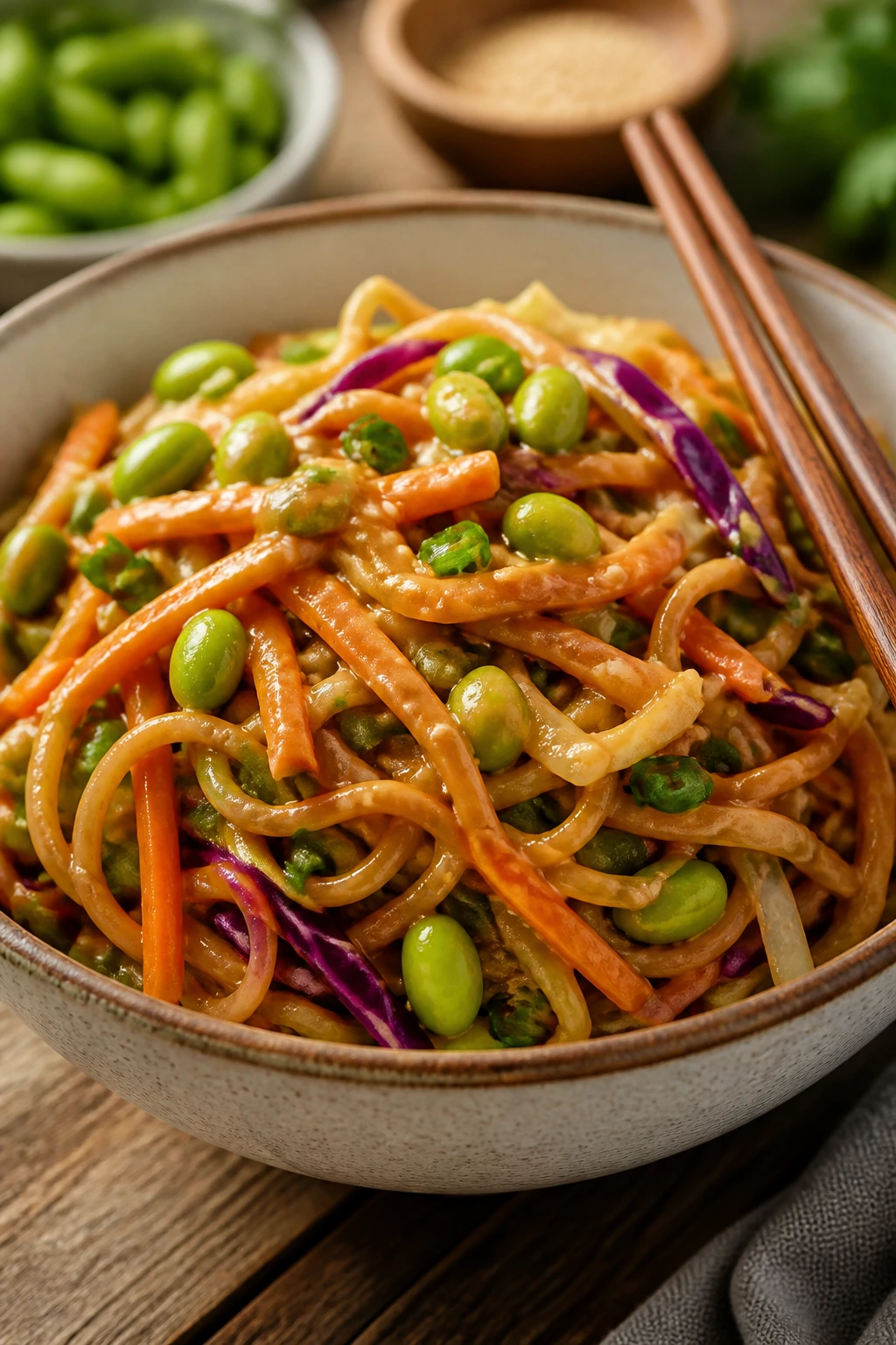 Close-up of peanut noodle bowl with edamame and crunchy vegetables