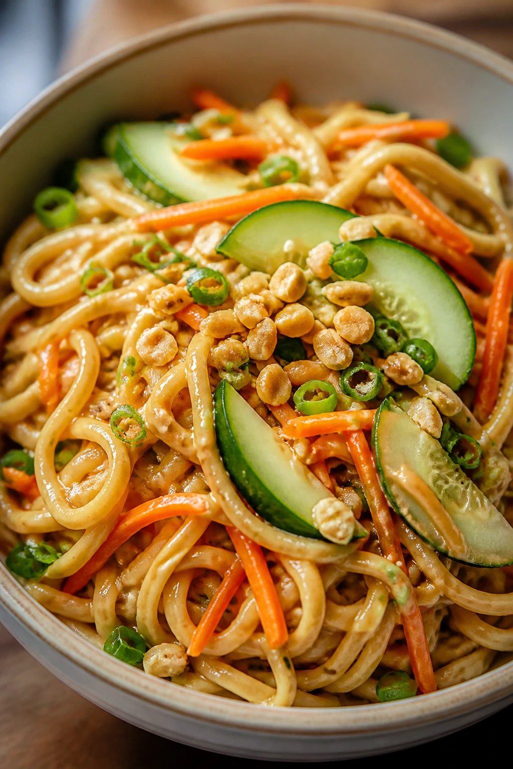 Close-up peanut noodles with carrot and cucumber in a bowl