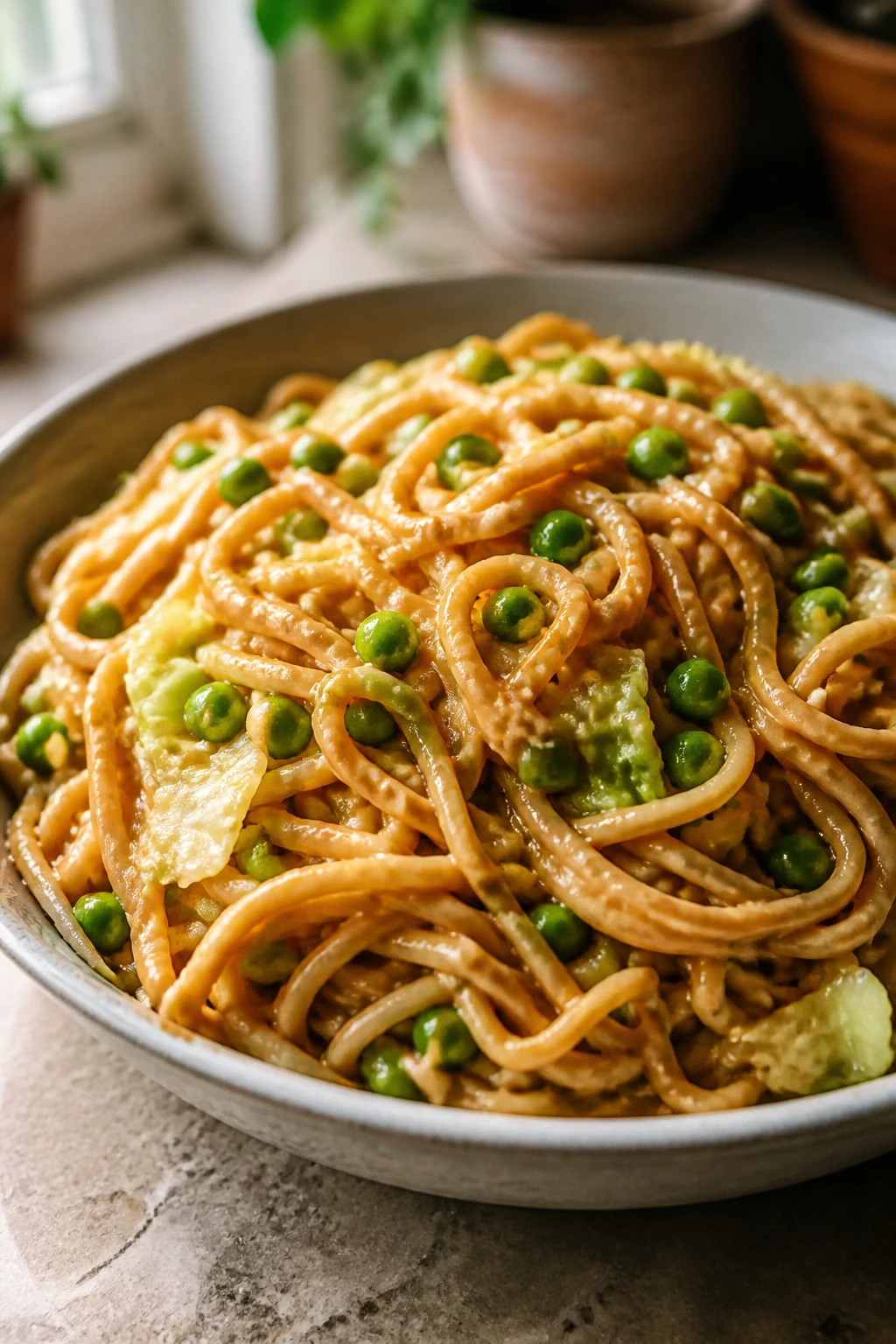 Noodles with peanut sauce served in a glossy bowl on a kitchen counter