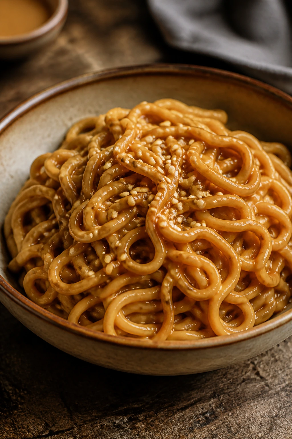 Glossy peanut noodles in a bowl with sesame seeds