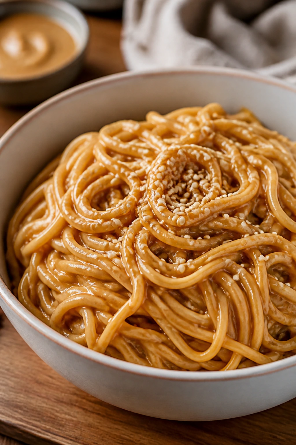 Close-up of sesame peanut noodles in a bowl with sesame seeds