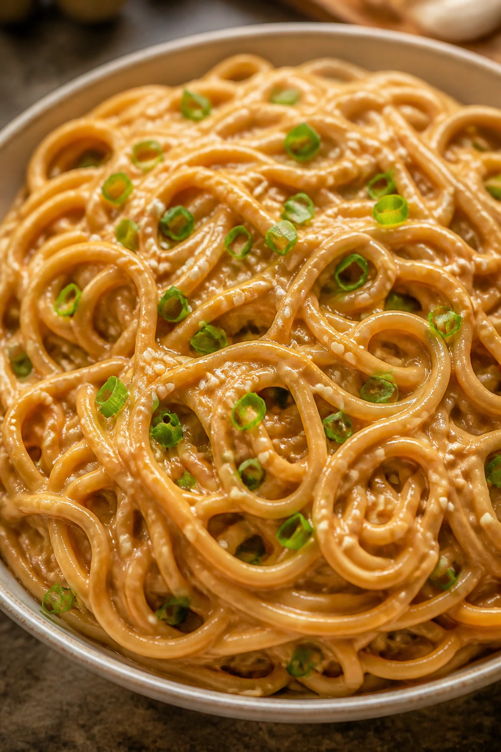 Glossy peanut sesame noodles in a bowl on a kitchen counter
