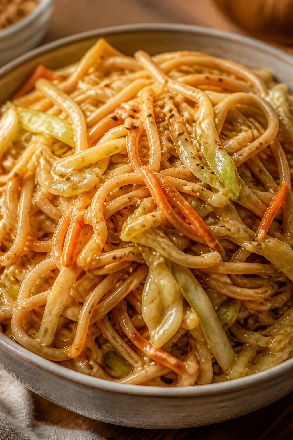 Glossy peanut sesame noodles with cabbage in a bowl