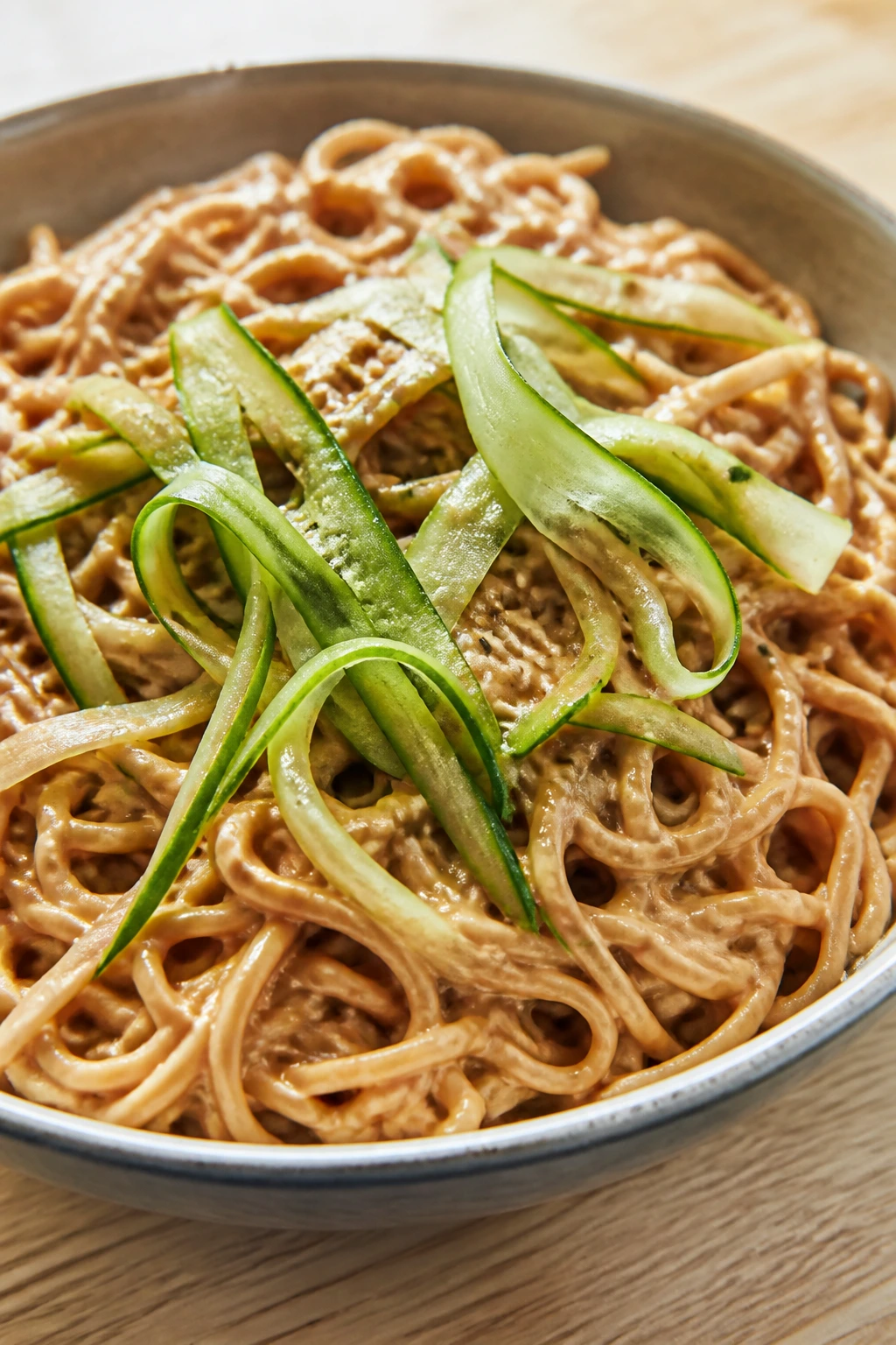 Close-up of cold sesame peanut noodles with cucumber