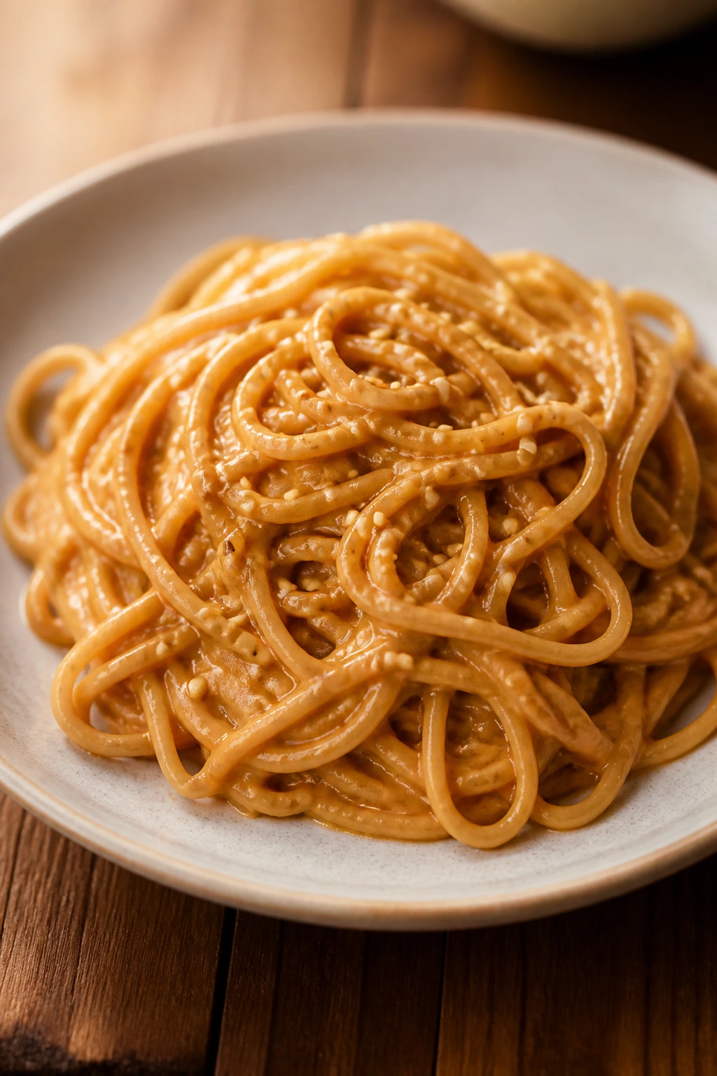 Close-up of peanut noodles with sesame on a plate
