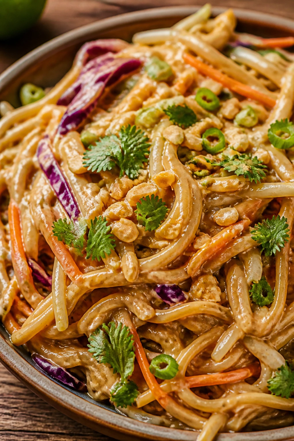 Close-up of Thai Peanut Noodles with vegetables