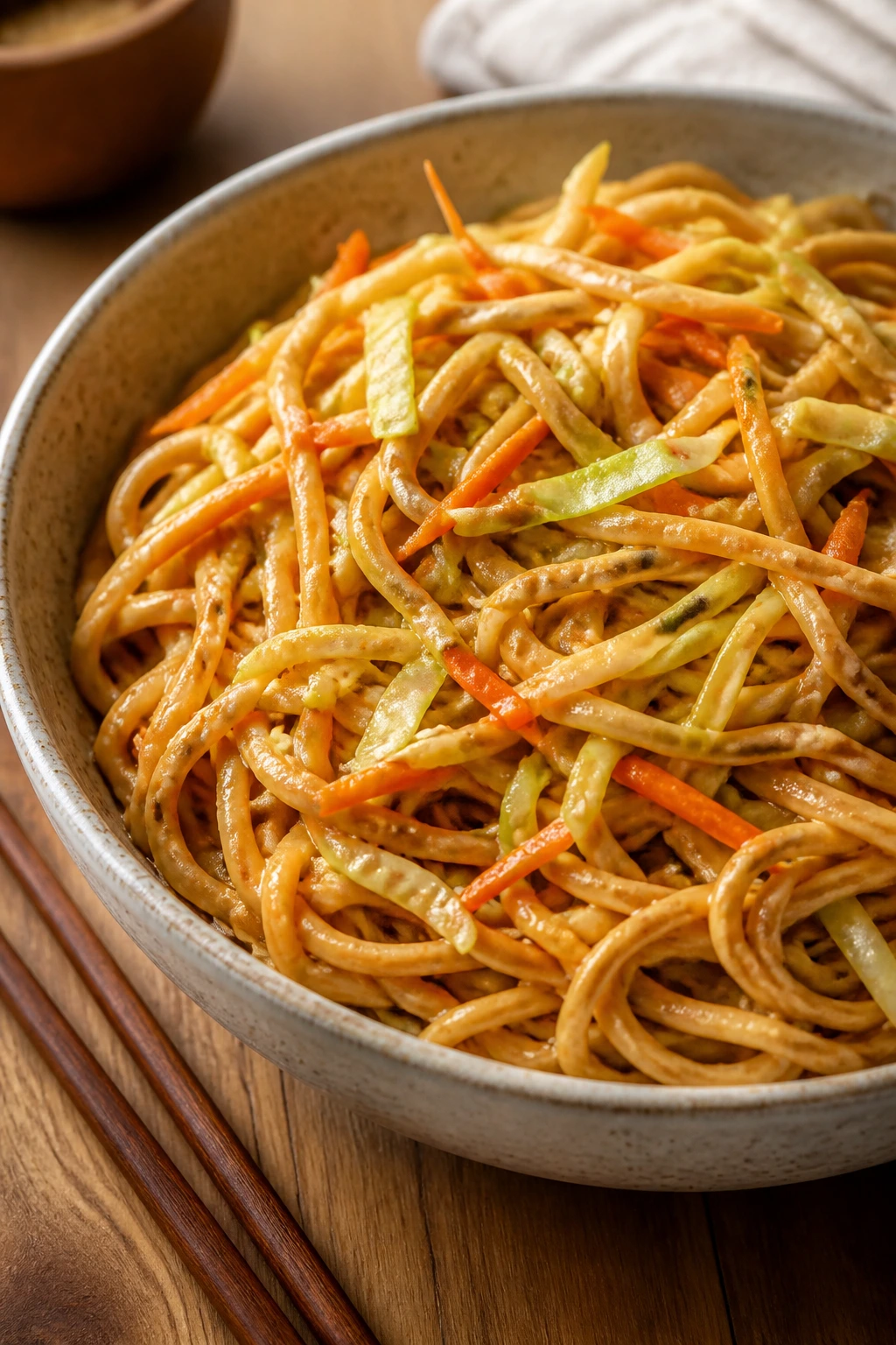 Bowl of peanut noodles with carrots and cabbage on a wooden kitchen counter