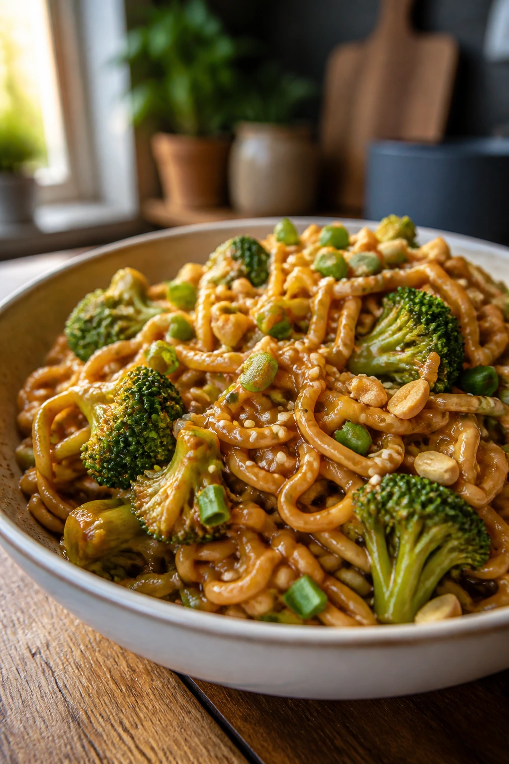 Close-up bowl of peanut ramen noodles with broccoli in glossy sauce