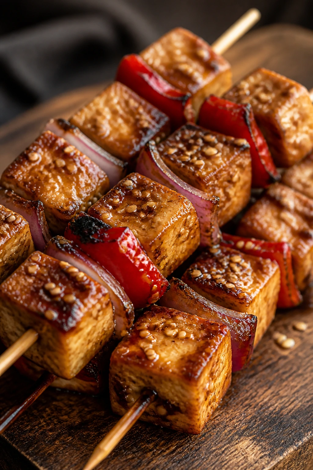 Peanut-sauce glazed tempeh skewers with peppers and onion