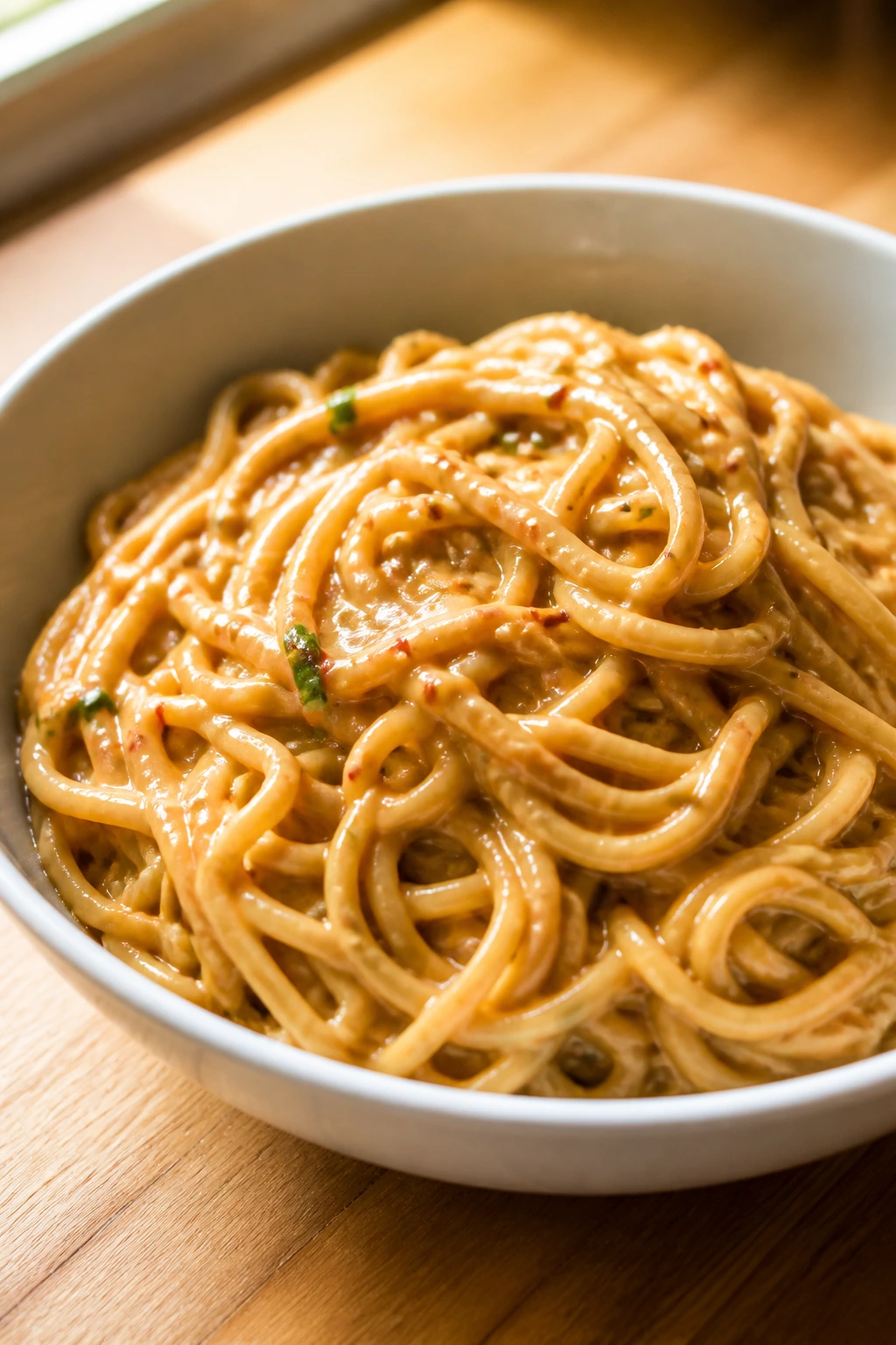 Close-up of glossy peanut sauce noodles in a white bowl on a sunlit kitchen counter