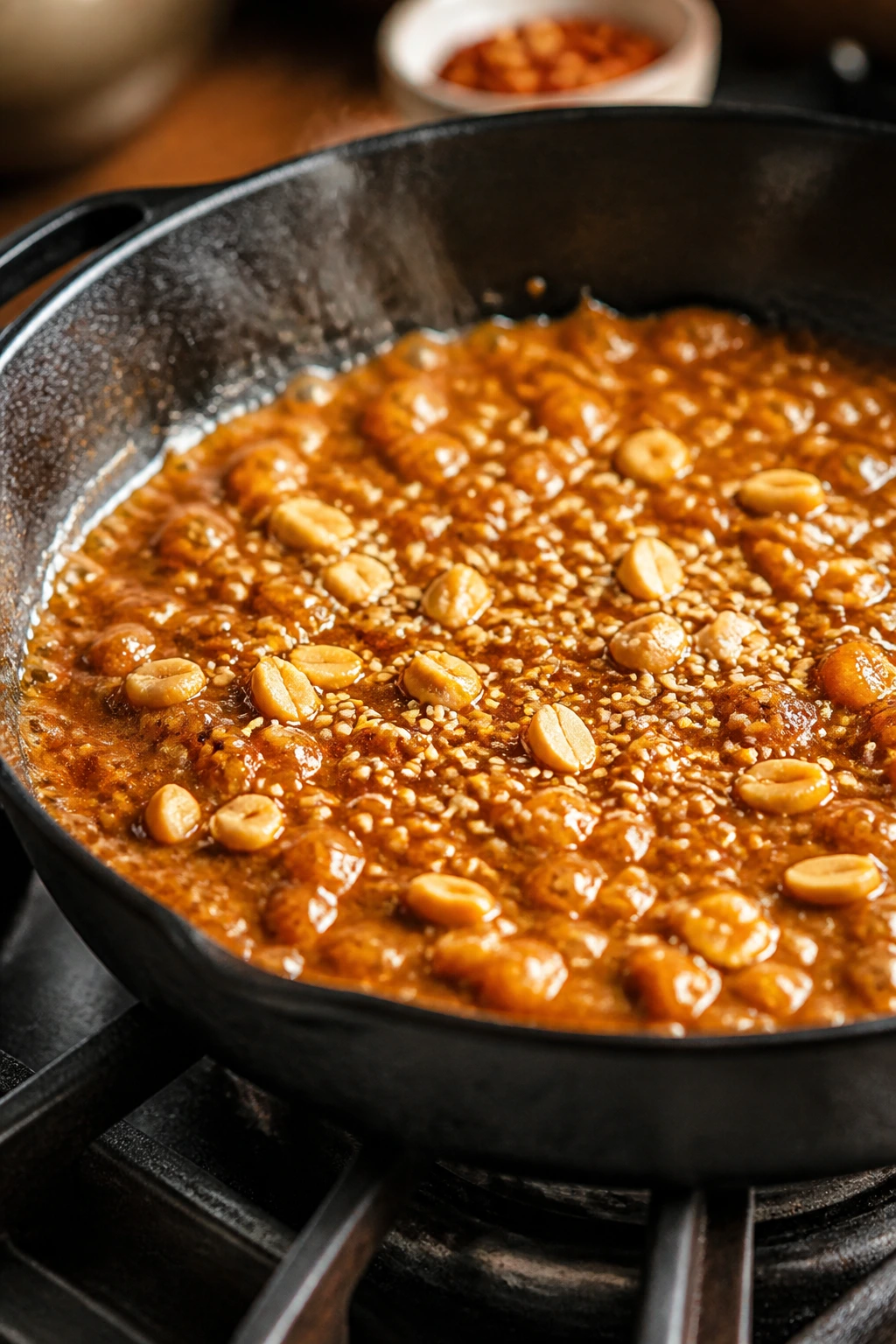 Glossy peanut sauce bubbling in a skillet with sesame seeds and peanuts.