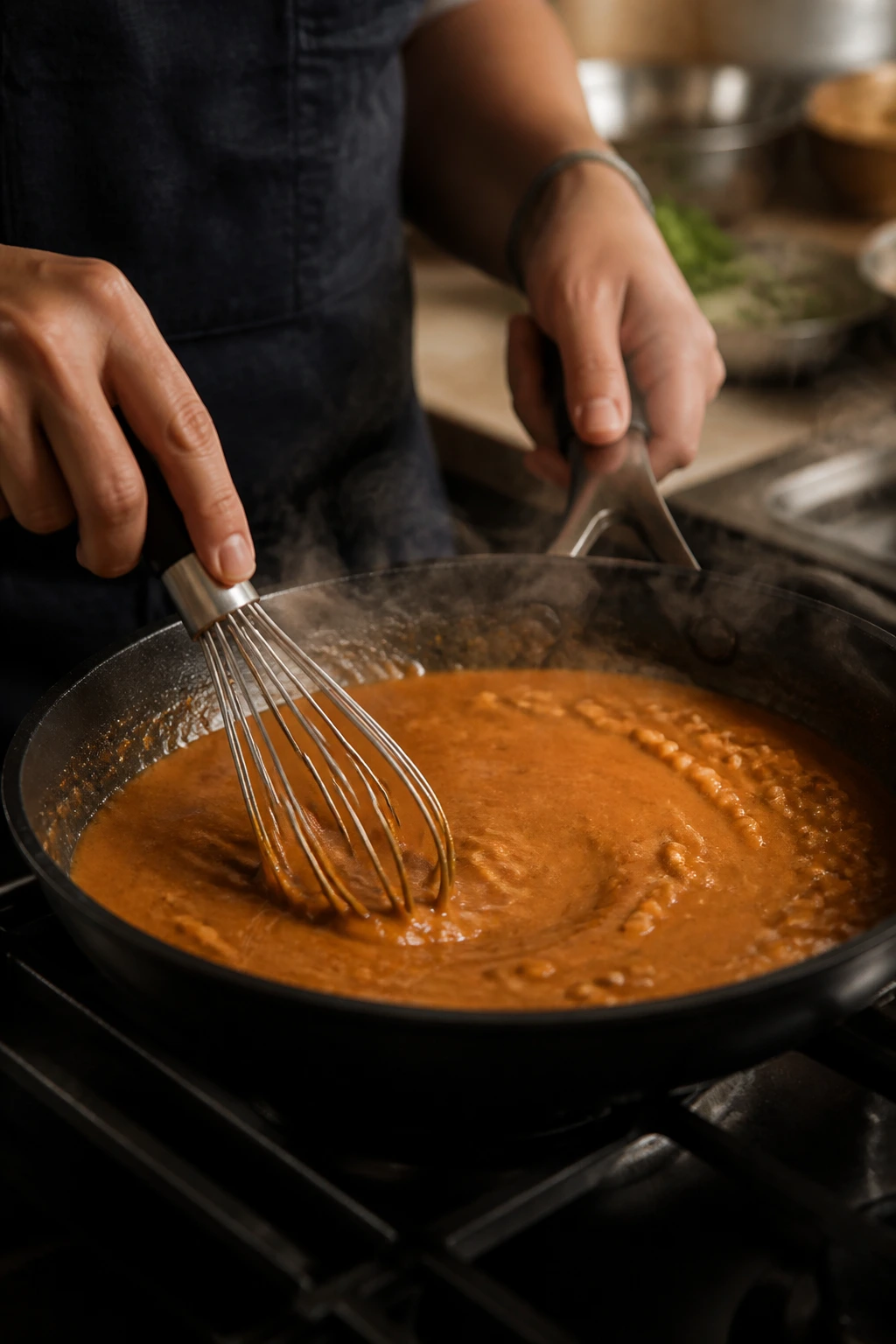 Hands whisking peanut sauce on a stove