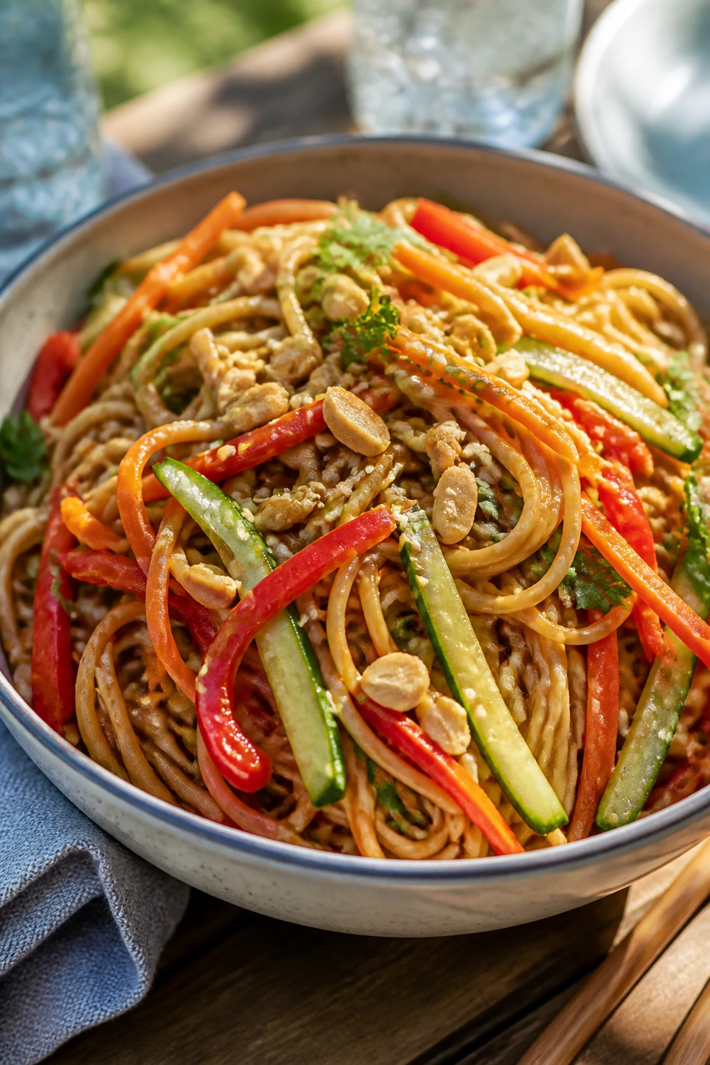 Close-up of peanut sesame noodle salad with veggies in a bowl outdoors