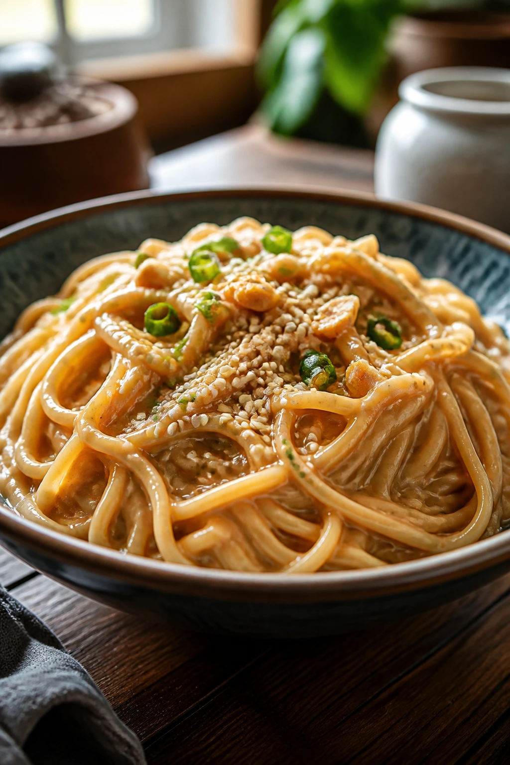 Creamy peanut sesame noodles in a glossy sauce