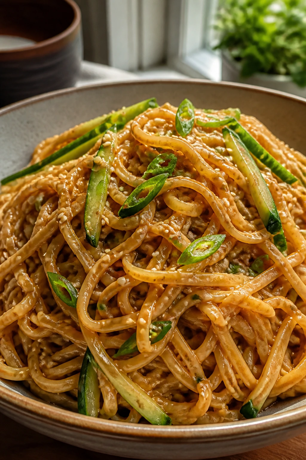 Close-up of peanut sesame noodles with cucumber and scallions in a bowl.