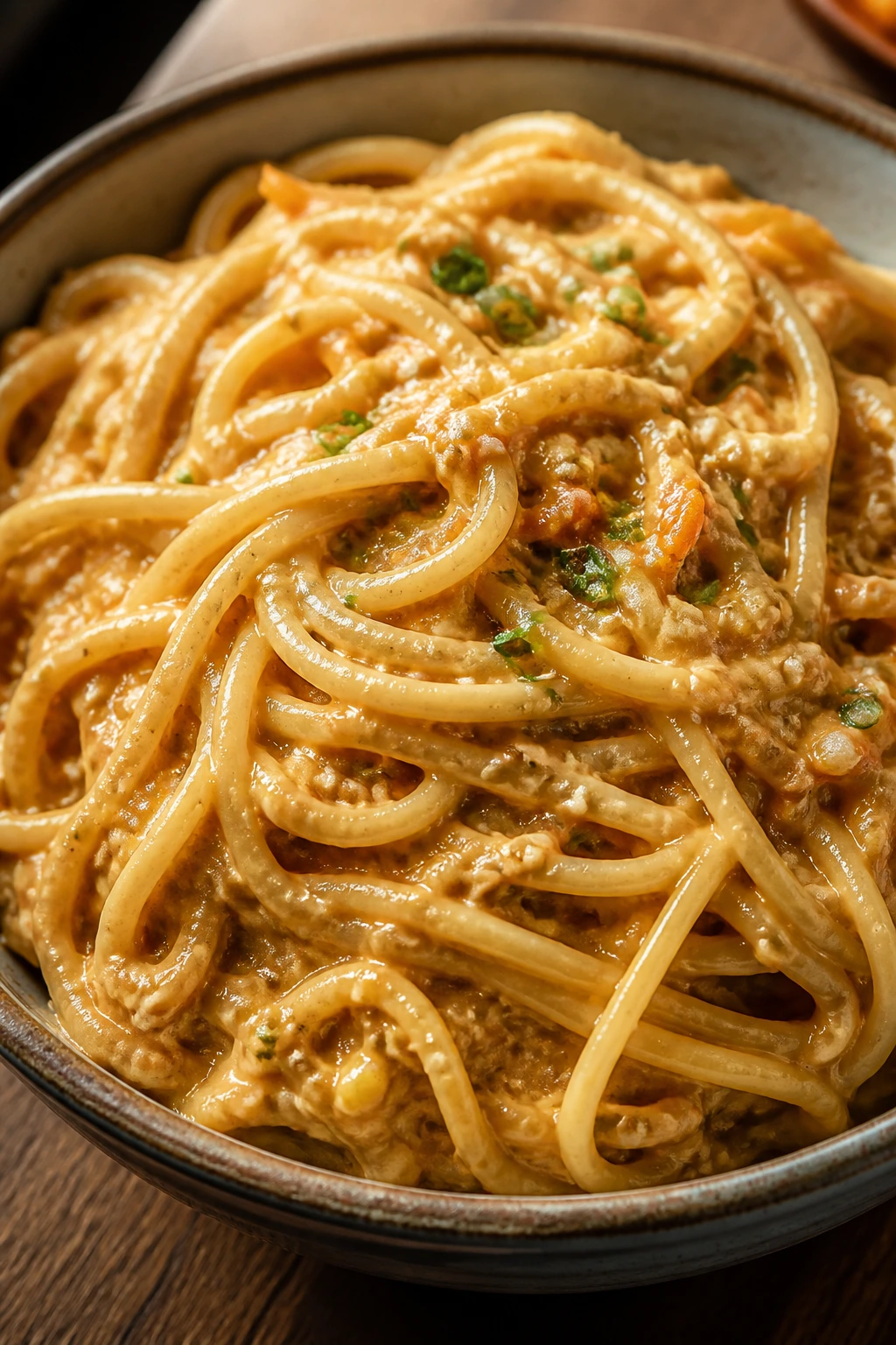 Noodles in creamy peanut sesame sauce with hidden veggies