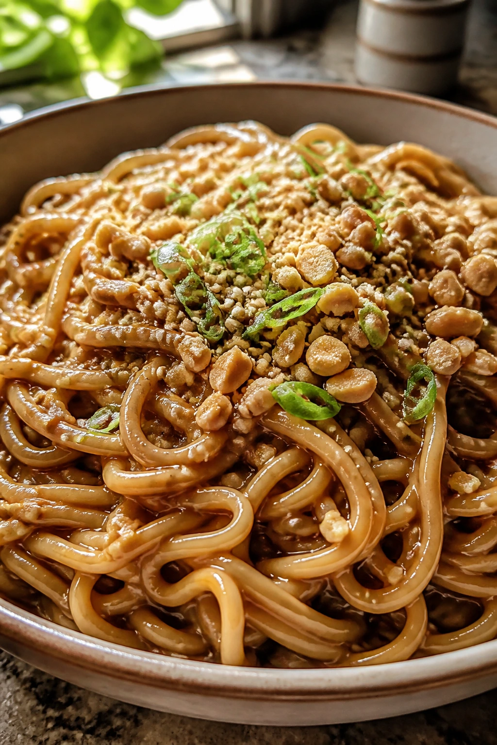Close-up of peanut sesame noodles with glossy sauce and sesame seeds on a warm kitchen counter.