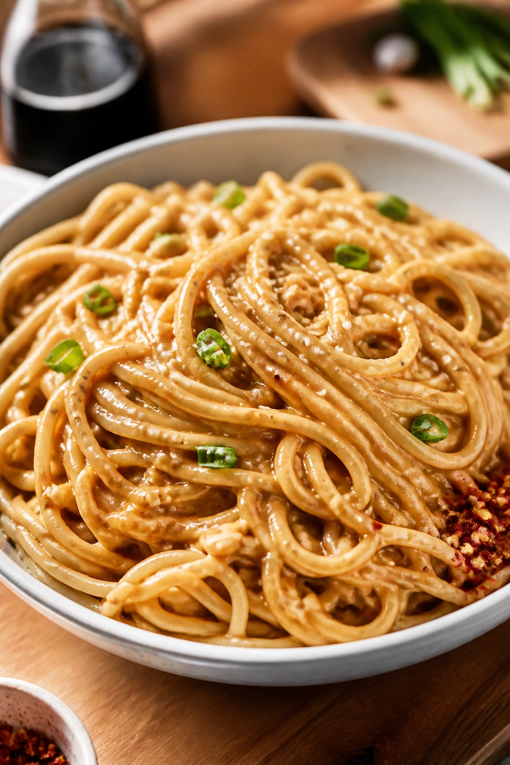 Glossy Peanut Sesame Noodles with sesame seeds in a cozy kitchen