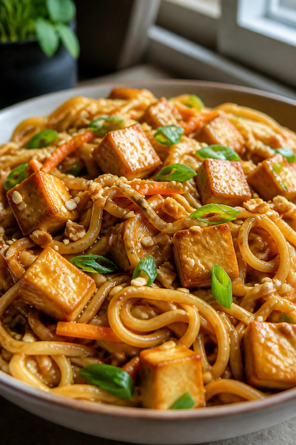 Tofu noodles in glossy peanut sesame sauce