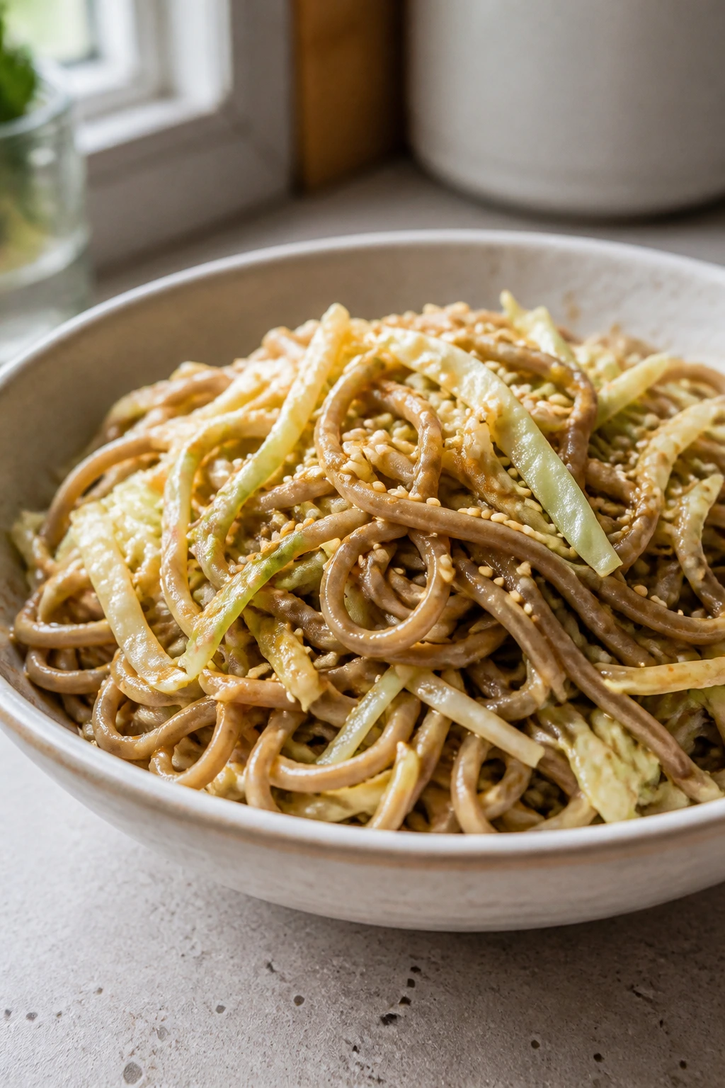Soba noodles with peanut sauce and cabbage in a bowl