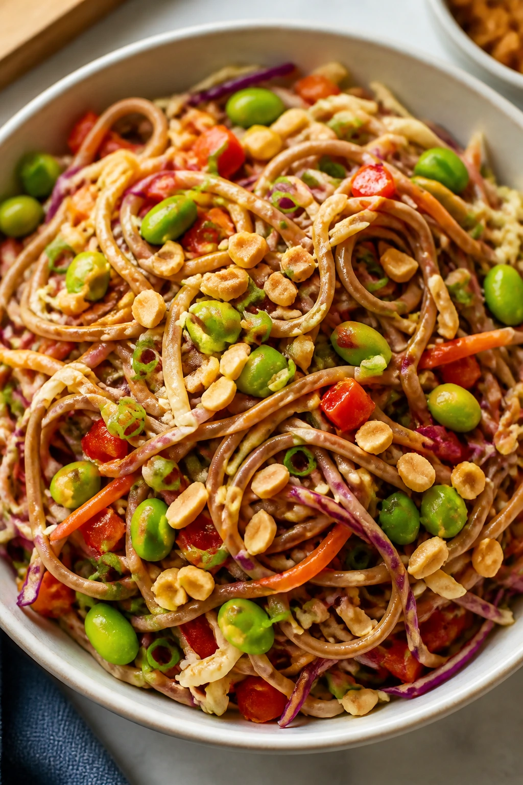 Close-up of peanut soba noodle salad with cabbage and edamame in a bowl.