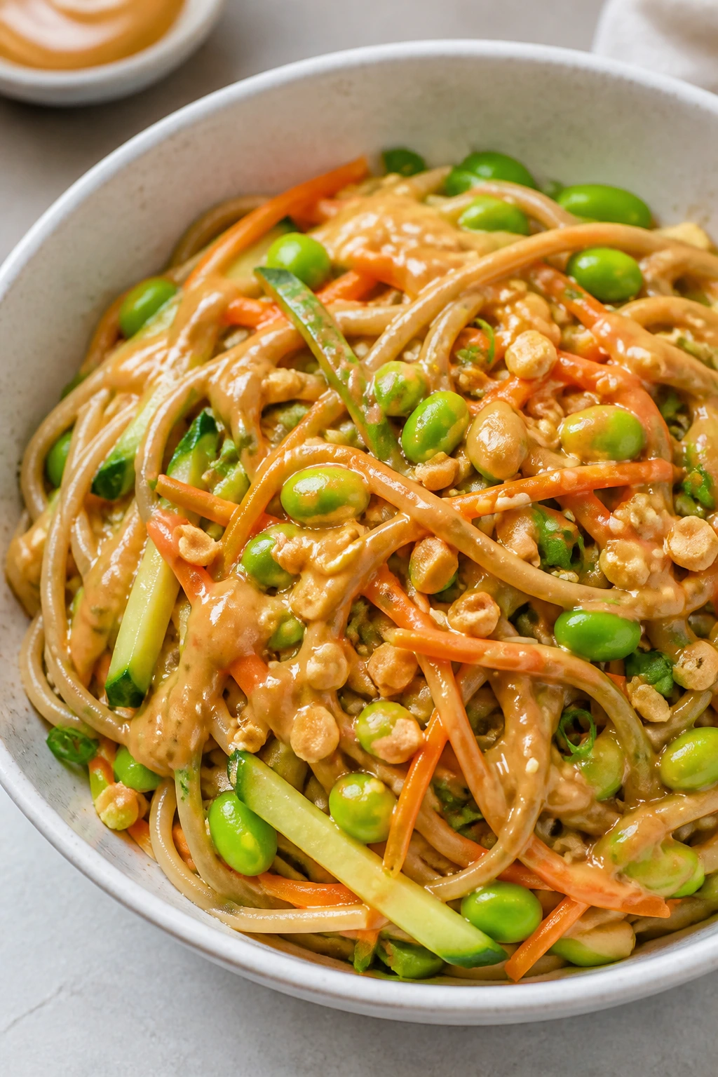 Close-up bowl of peanut soba noodles with edamame and vegetables