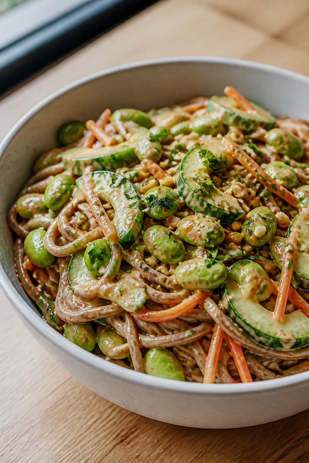 Close-up of peanut soba noodles with edamame and vegetables in a white bowl