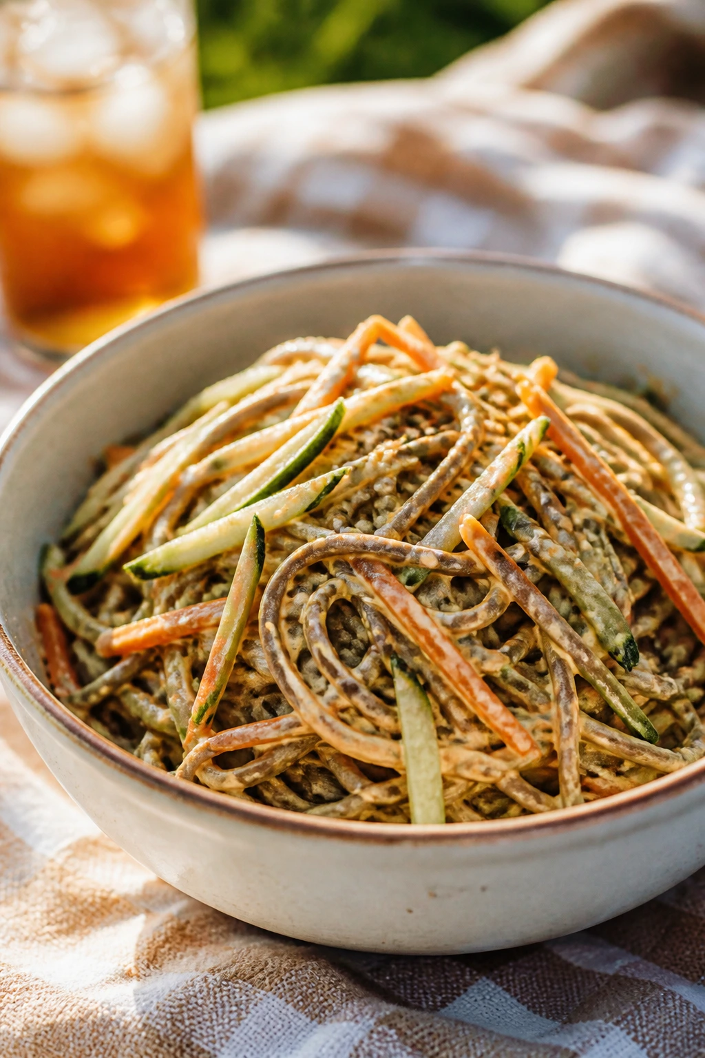 Close-up of cold peanut soba noodles with vegetables in a bowl on a picnic blanket.